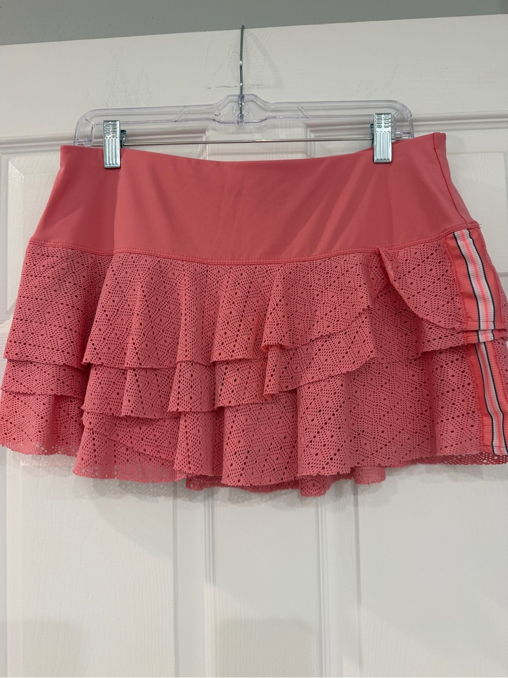 Lucky in Love Coral Tiered Lace Ruffle Mini Skirt with Side Stripe